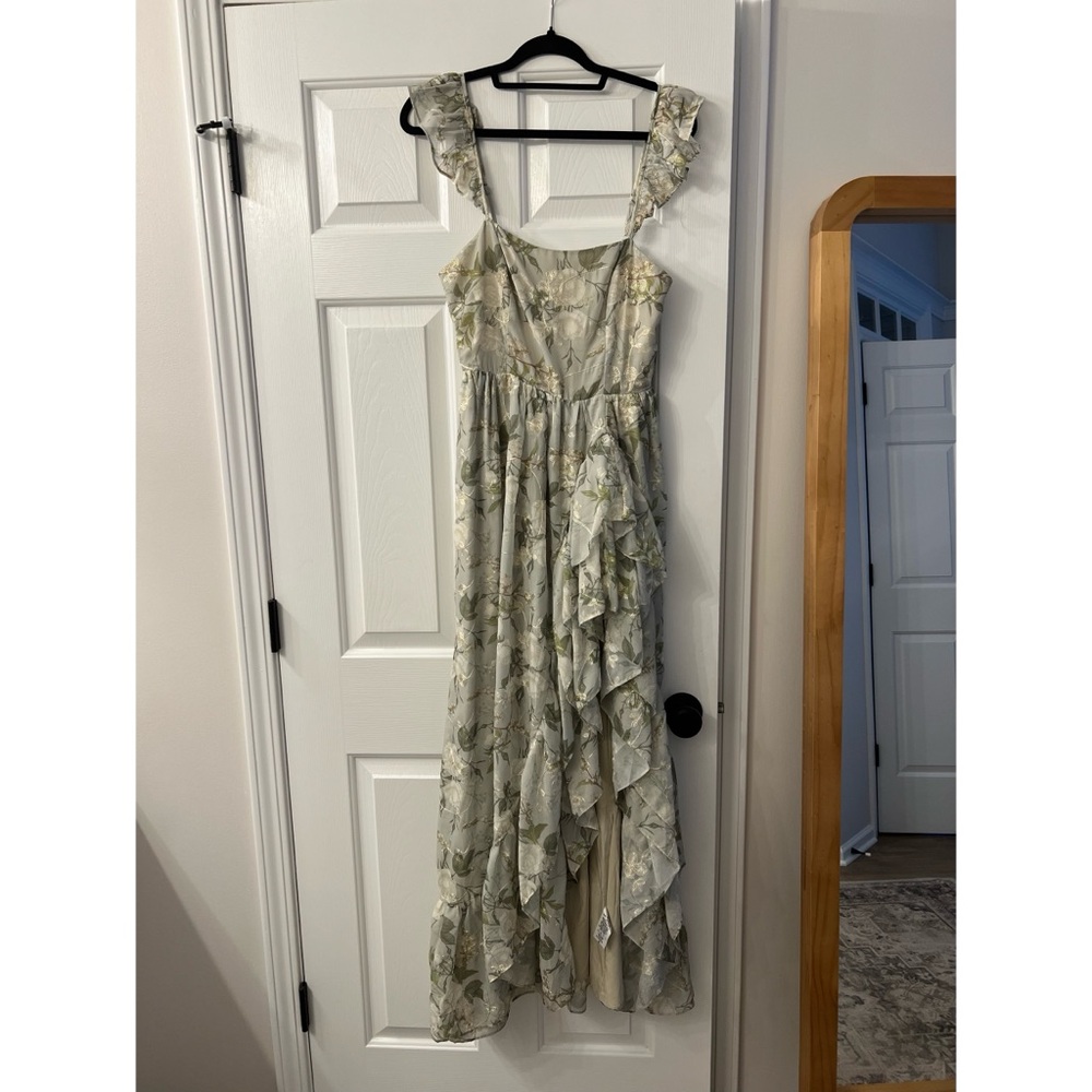 Storia Embroidered Ruffle Hem Floor Length Dress